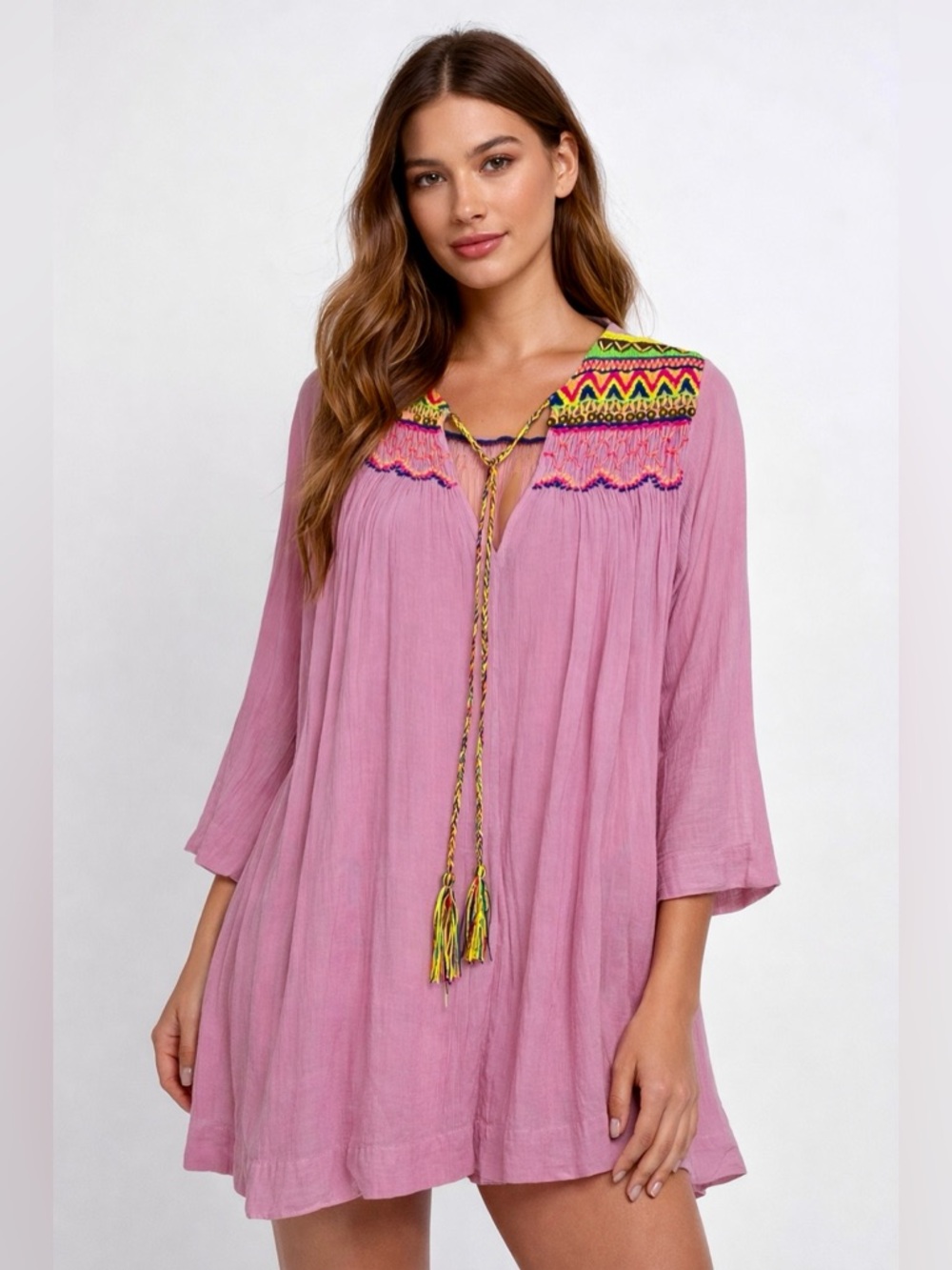 Pia Pauro Pink Embroidered Swim Cover-Up Tunic XS Boho Tassel Dress